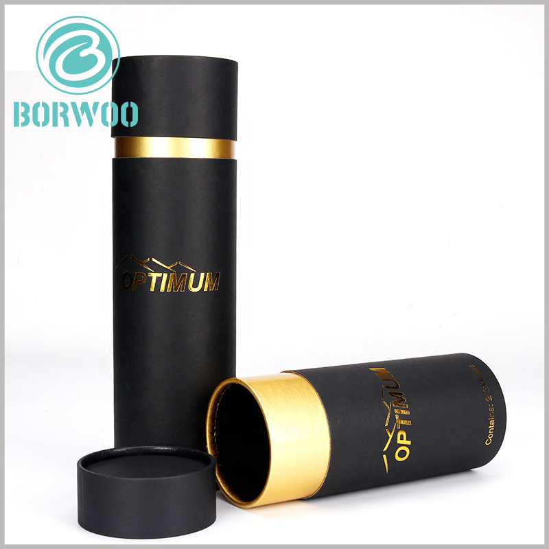 custom quality black cardboard tube for wine bottle packaging.In the inner base of the paper tube or inside the top cover, an EVA ring is added as an insert to fix the red wine glass bottle.