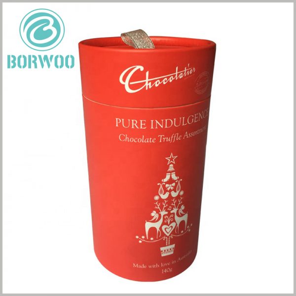 custom red large cardboard tube for140g chocolate boxes. Unique packaging design and printed content can reflect the characteristics of the product and brand value.