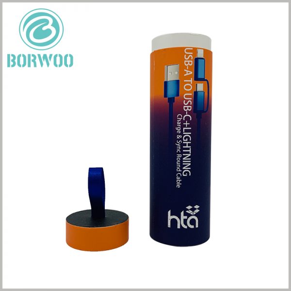 custom round boxes for charging cable packaging. Gradient colors are used in paper tube packaging, and product style pictures are used as the main packaging design elements.