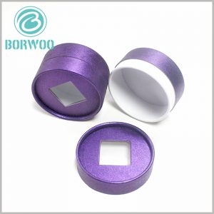 elegant purple cardboard tube packaging with square windows.Square window on the lid covered by transparent PVC plastic of 0.2mm thickness.