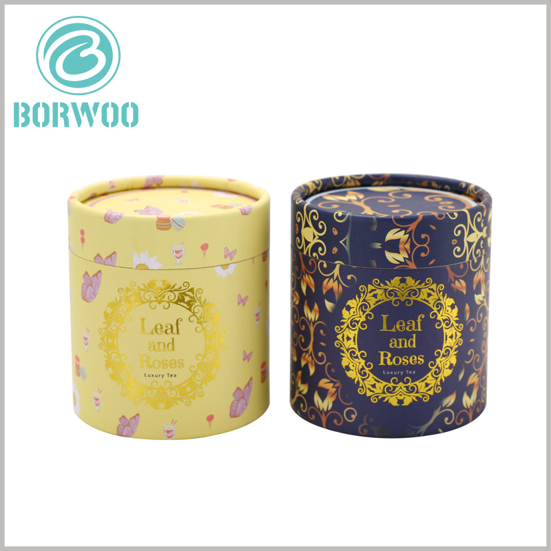 luxury fancy printed food tube packaging for tea boxes.Custom printed cardboard tubes packaging with bronzing logo for tea boxes.