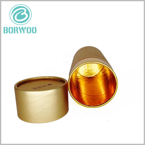 luxury gold cardboard tube packaging boxes with logo. The interior of the customized tube packaging has a golden visual sense, giving the packaging a sense of luxury.