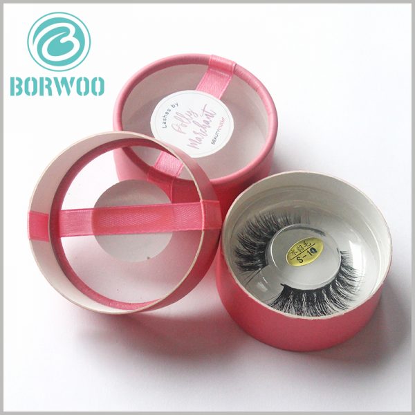 pink round boxes for eyelash packaging.This attractive package features a transparent window for easier display of eyelashes.