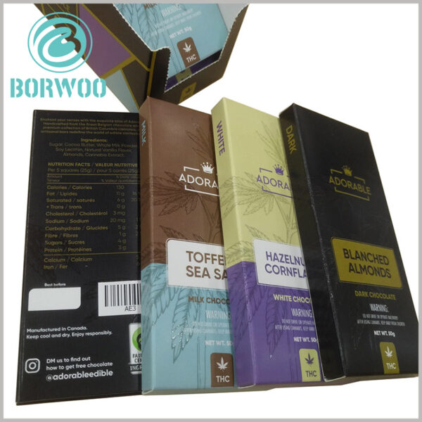 printable chocolate bar packaging boxes.Food safety has always been the most concern of consumers, so detailed food parameters can be printed on the box