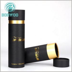 quality black cardboard tube boxes for wine bottle packaging. The customized wine tube packaging design reflects the sense of luxury and well reflects the value of red wine.
