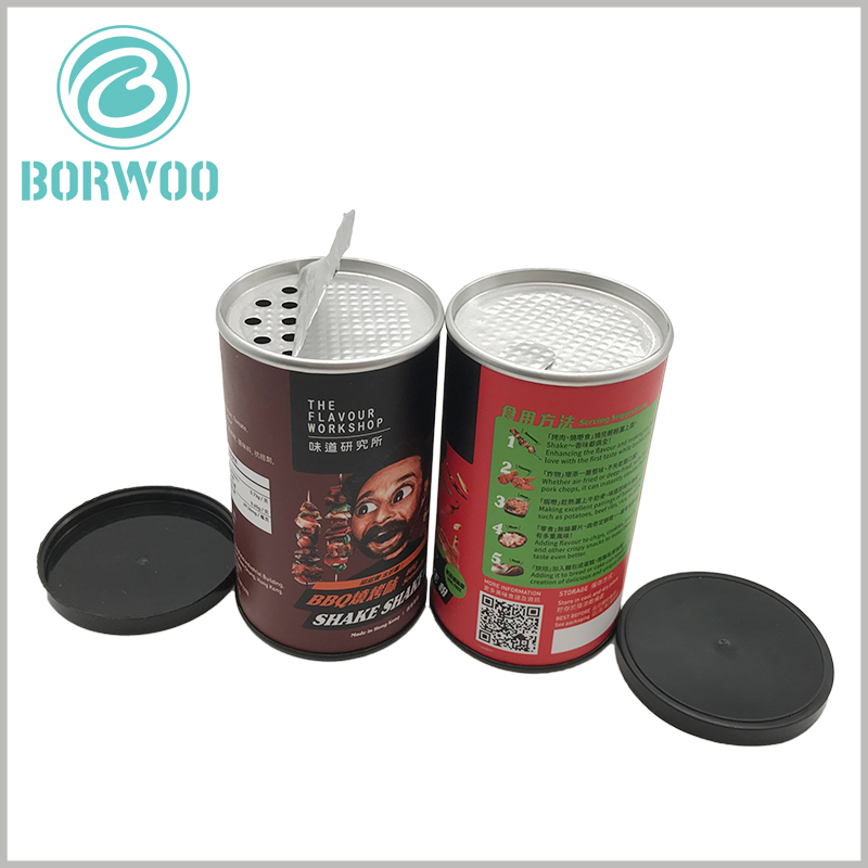 salt and pepper packaging paper tube, metal lid with mesh holes to allow product to be poured out evenly
