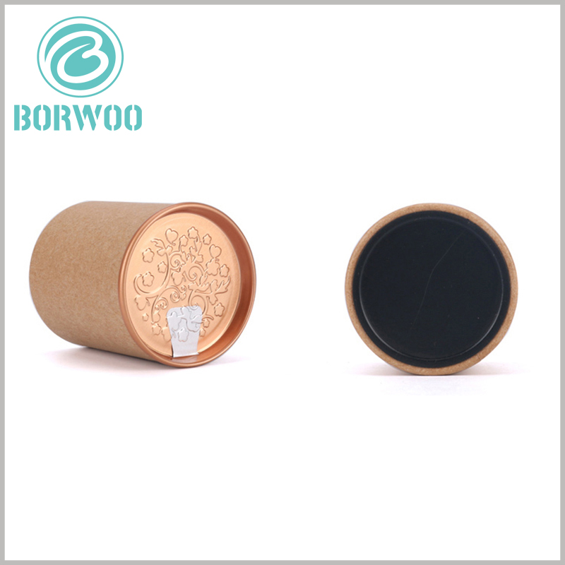 tea tube packaging with easy open aluminium lid wholesale.The brown kraft paper tube packaging is used for food, and the aluminum foil cover is used on the top of the cylindrical packaging, which is more conducive to sealing.
