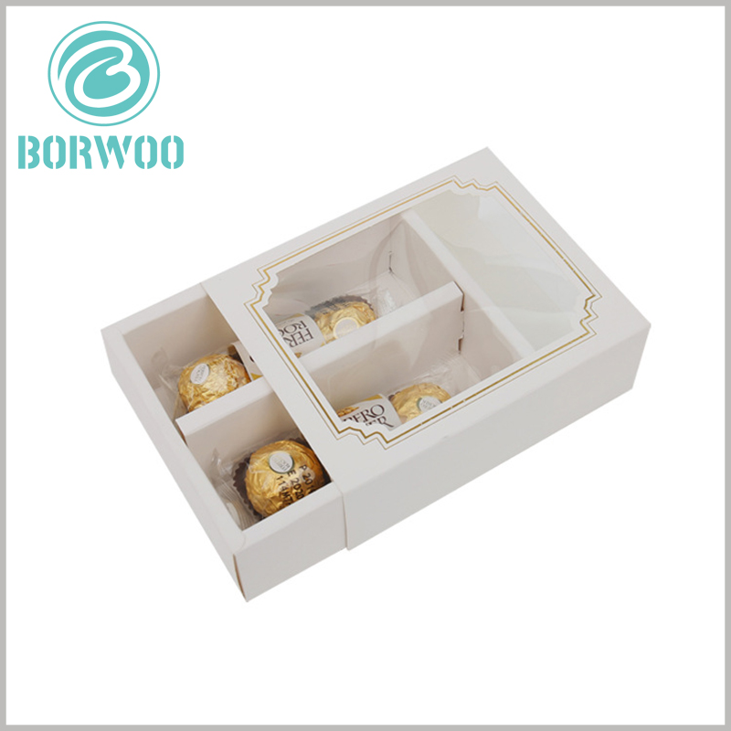 white chocolate packaging boxes with windows wholesale.The custom packaging is in the form of a cardboard drawer box, and the package can be opened by gently sliding the drawer.
